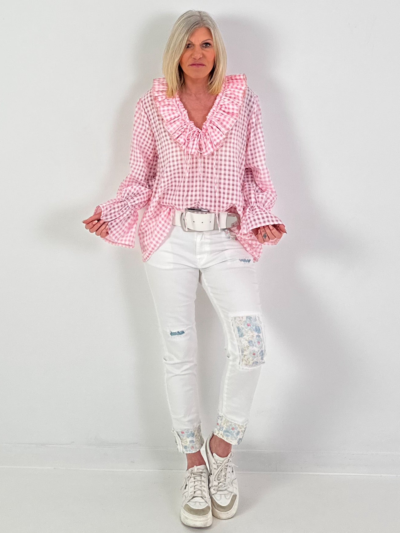 Oversized Tunika mit Vichy Muster - rosa-weiss