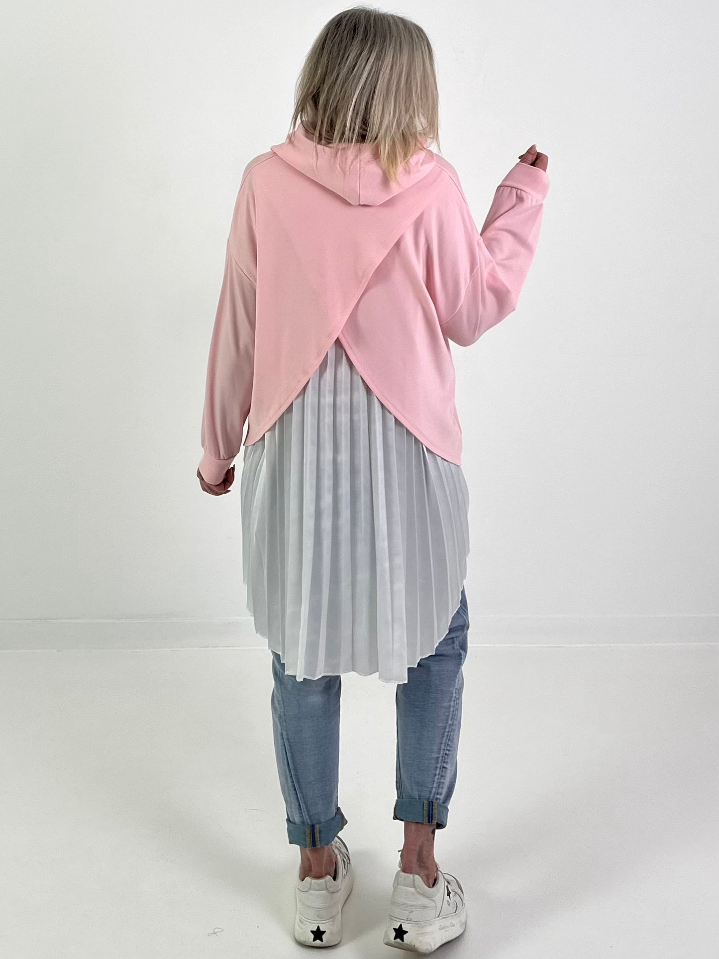 Long Hoodie mit Plissee-Einsatz - rosa