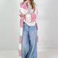 Maxi gebreide jas model "Soft Stripe" - roze-wit