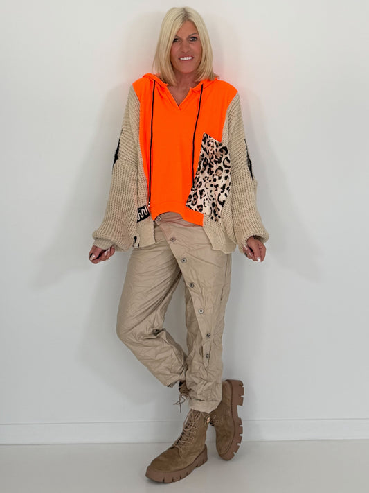 Oversized Grobstrick-Hoodie mit Sweat-Einsatz  - neonorange-beige ( lieferbar ab ca. 27.09.26)