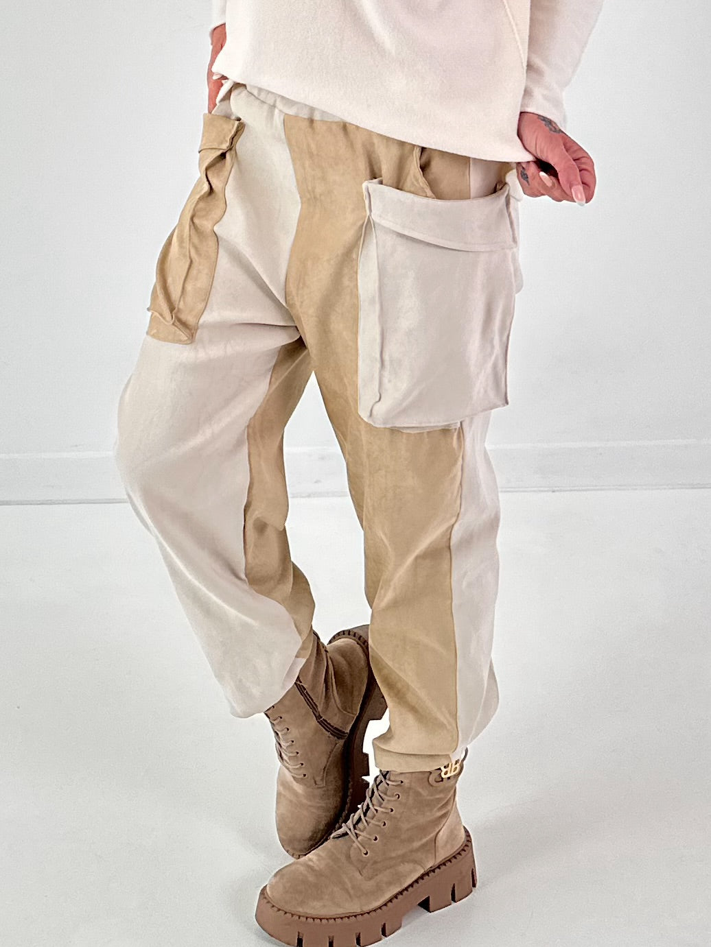 Suede-look trousers, model "Dual Harmony" - ecru-beige