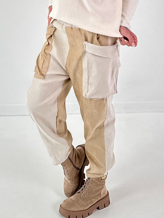 Suede-look trousers, model "Dual Harmony" - ecru-beige