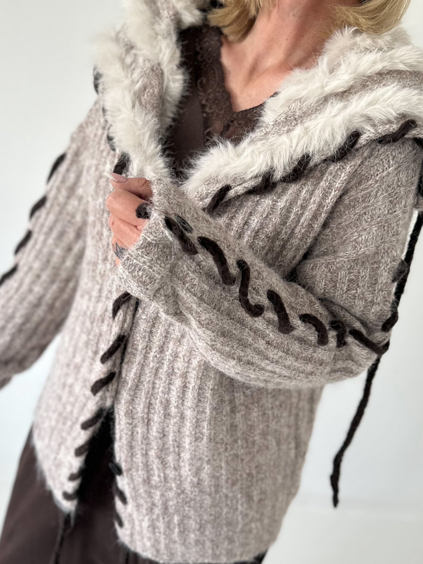 Cozy Cardigan with Oversized Faux Fur Collar - Taupe