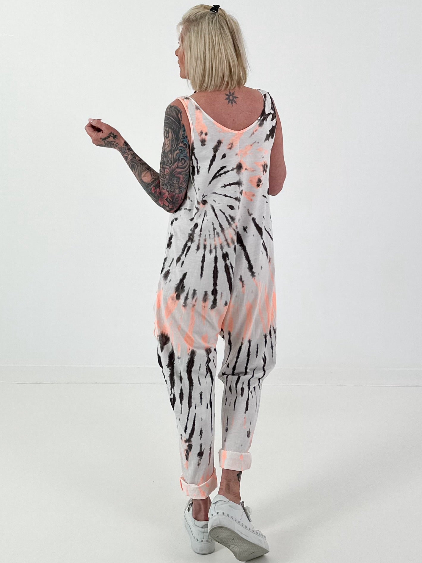 Tie-Dye Jumpsuit with Patch Cut-Out Pockets - white-neon orange-dark brown
