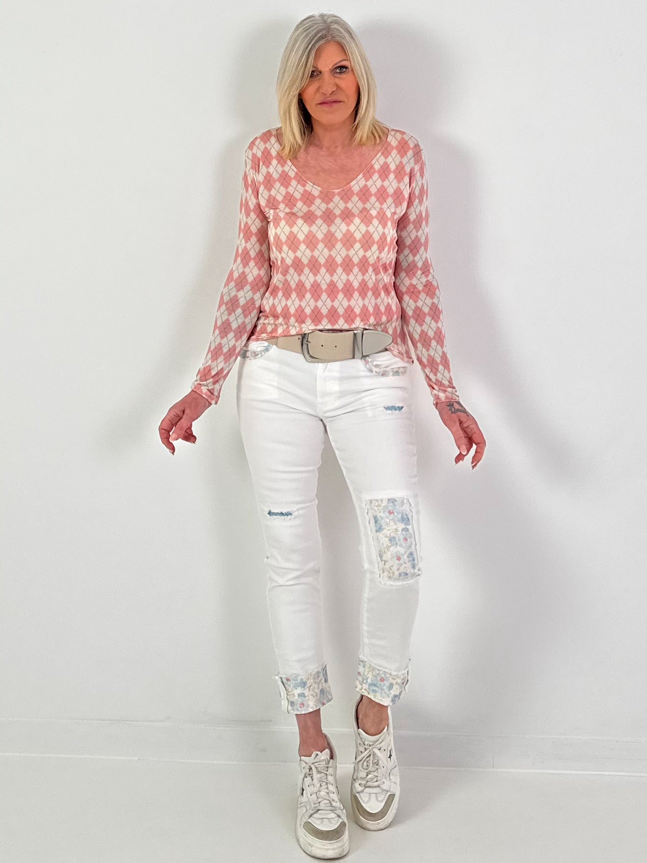 Shirt mit Rautenmuster - rosa-weiss