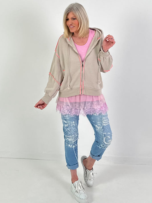 Sweatjacke mit Kontrastnähten - beige-pink