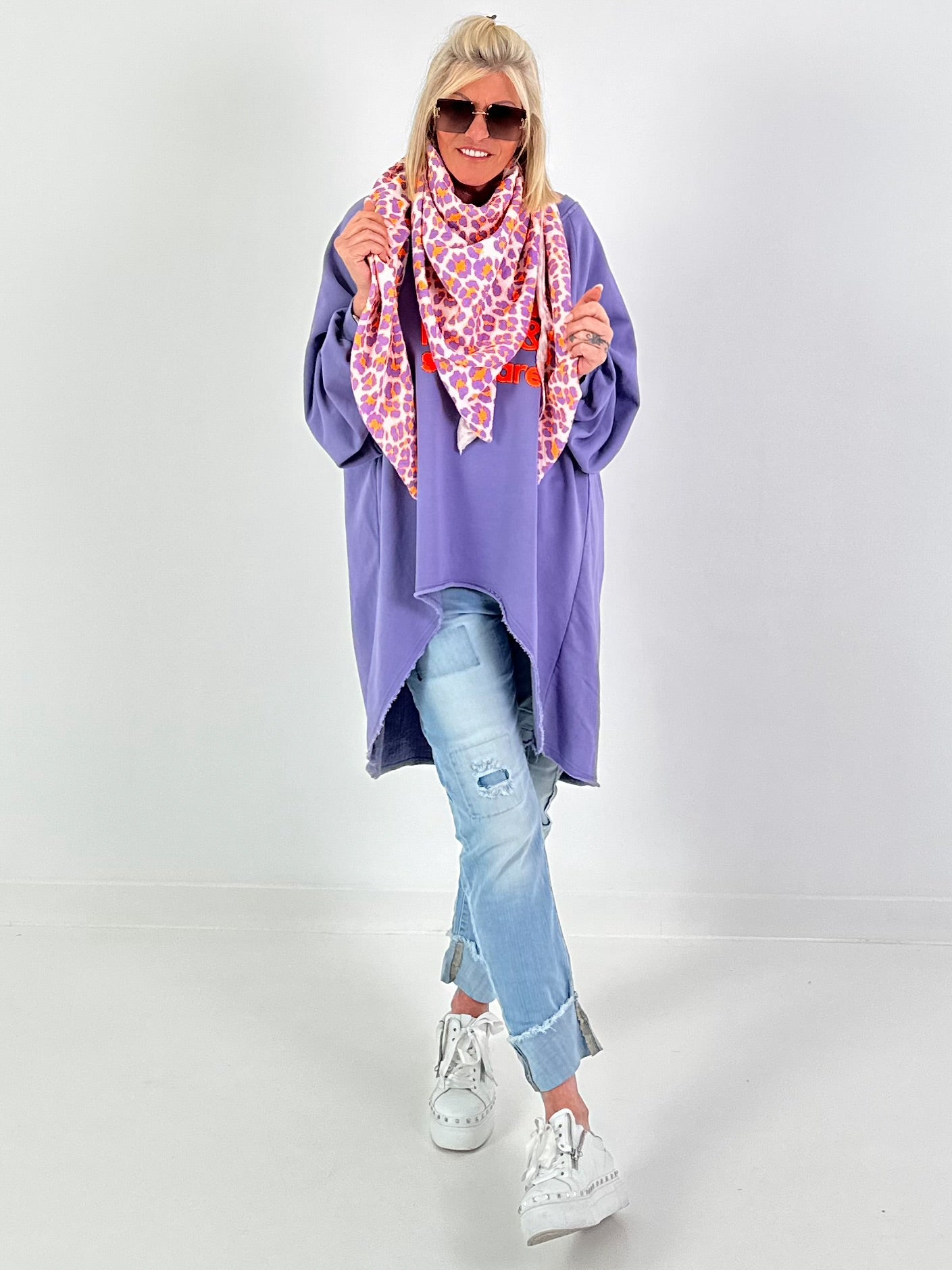XL Musselin Tuch mit Leo Muster - weiss-neonorange-flieder