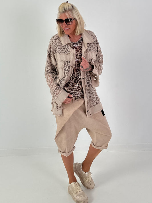 Jeansjacke mit floralem Netzeinsatz - beige ( lieferbar ab 22.05.26)