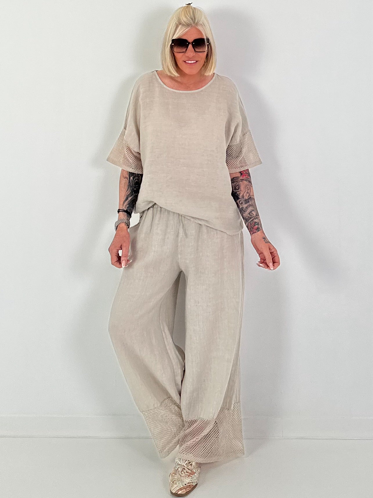 Leinen Shirt mit kurzen Ärmeln - beige