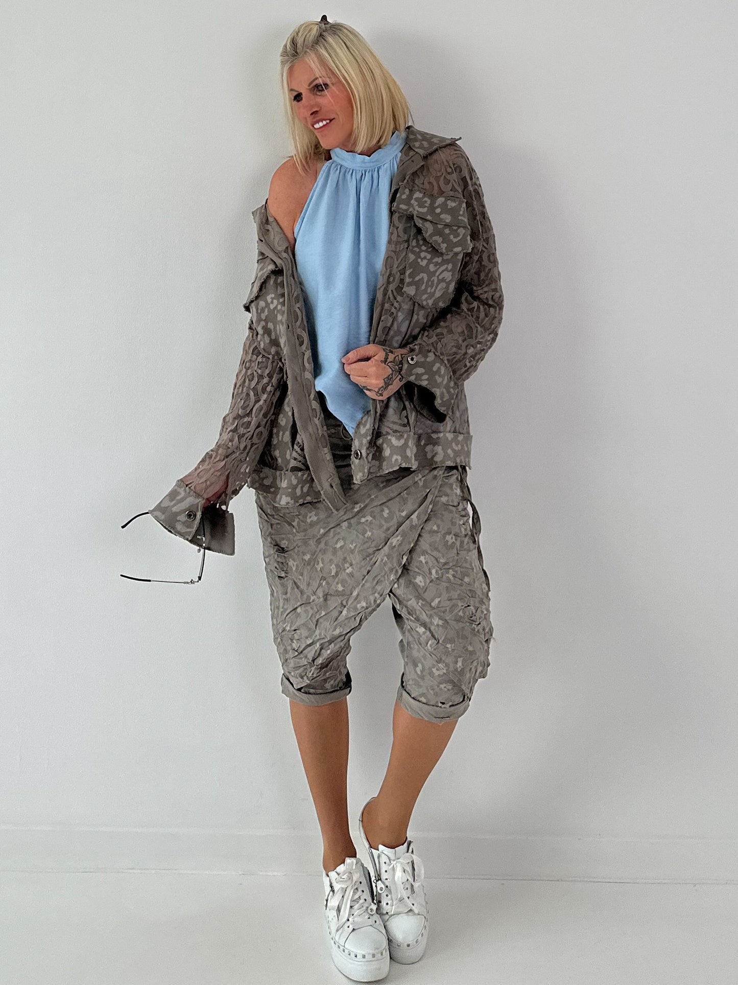 Stylische Hose mit Überwurf im Knit-Look - taupe