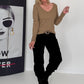 Geribbeld T-shirt met gerafelde V-hals - camel
