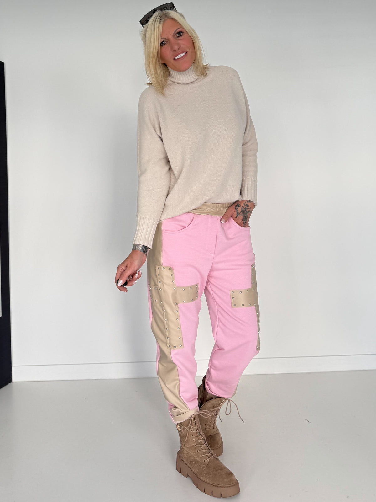 Sweathose im Materialmix - rosa-beige