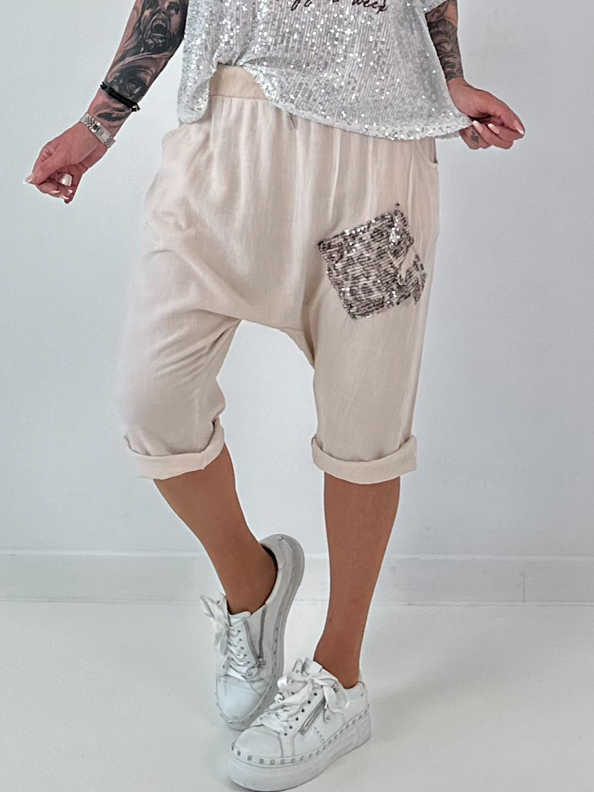 Short linen baggy dress with overlay and sequin details - khaki