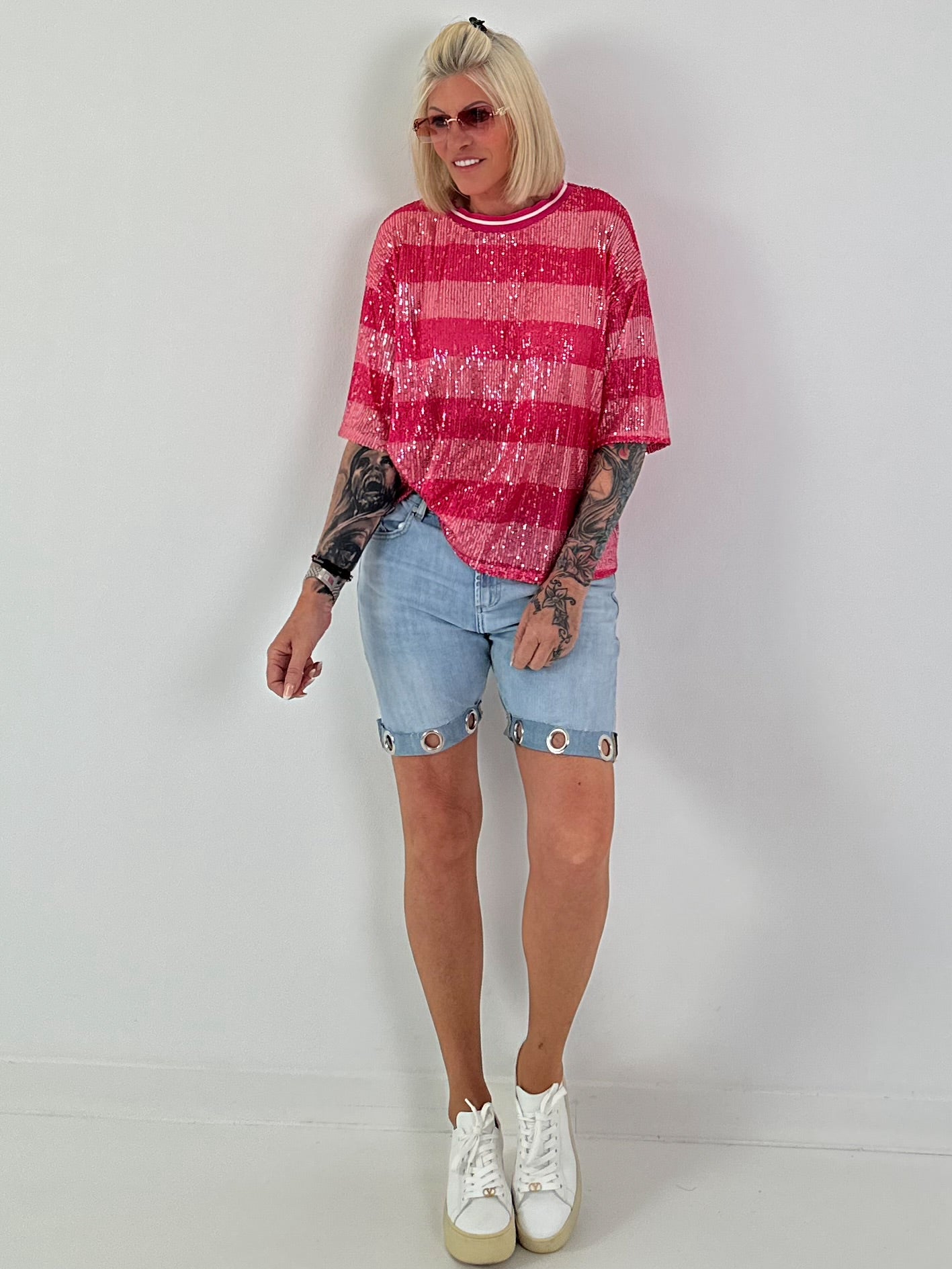 Pailletten Shirt mit Streifen - pink-rosa