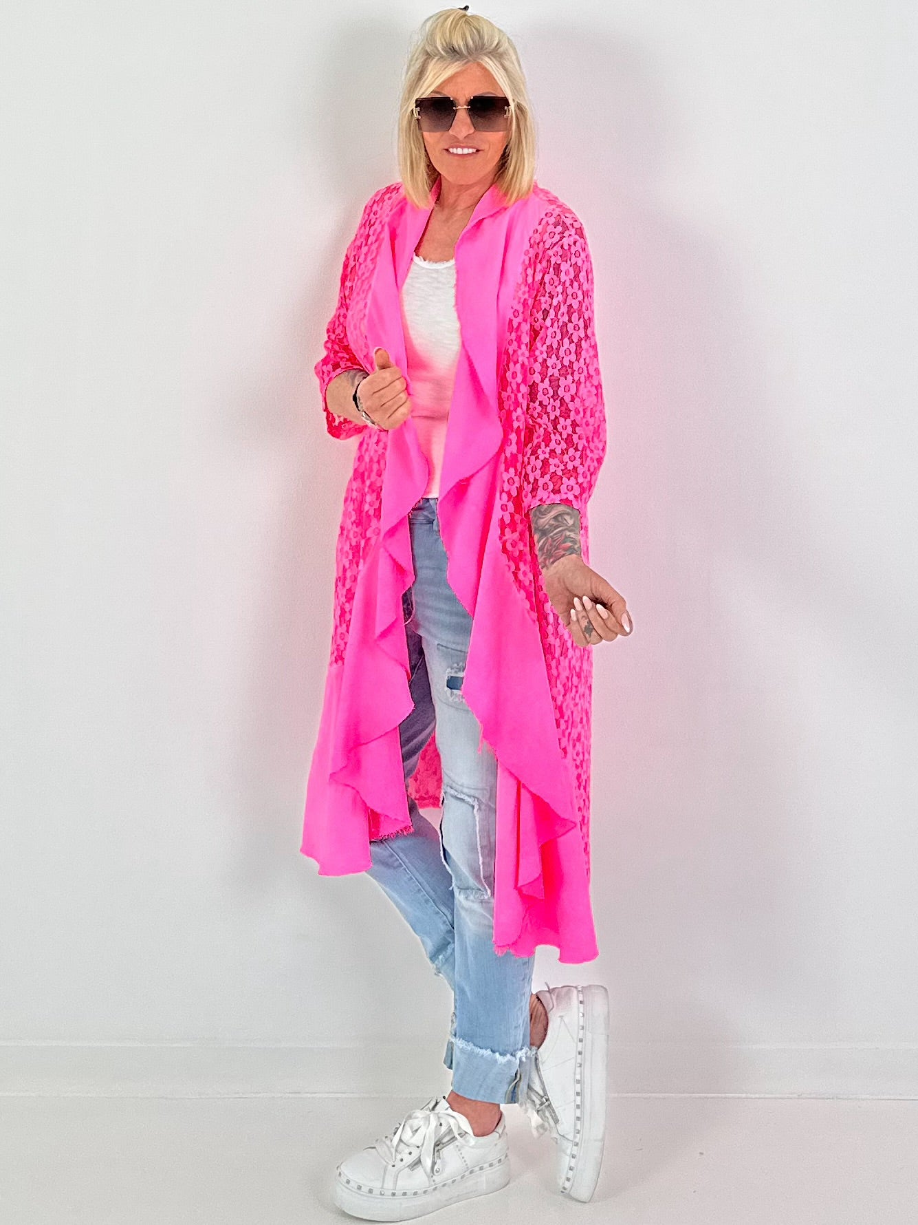 Lace coat in a material mix - neon pink