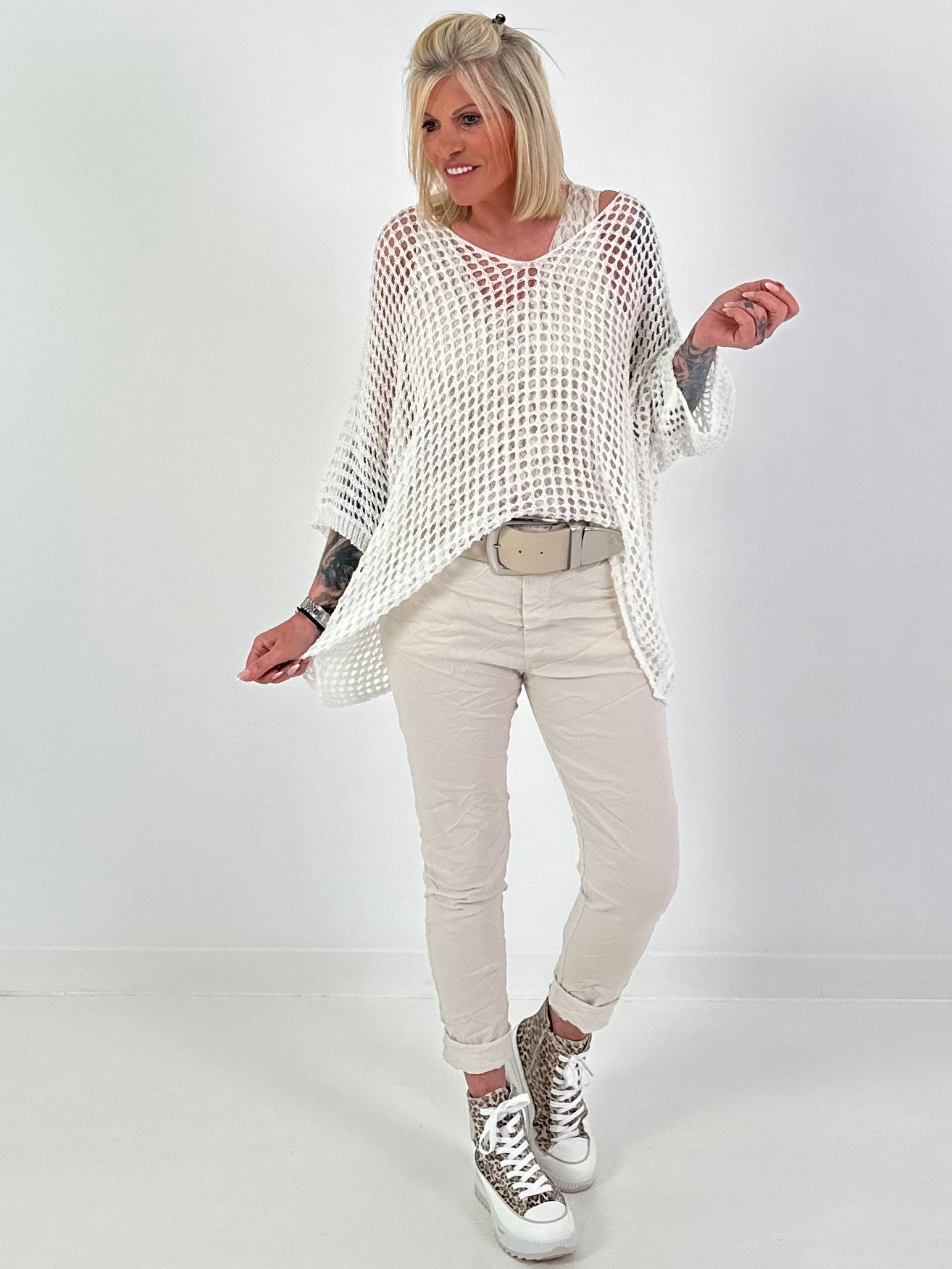 Oversized Häkelpullover - weiss