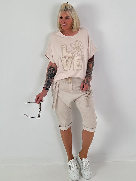 T-Shirt Love mit Strasssteinen - beige
