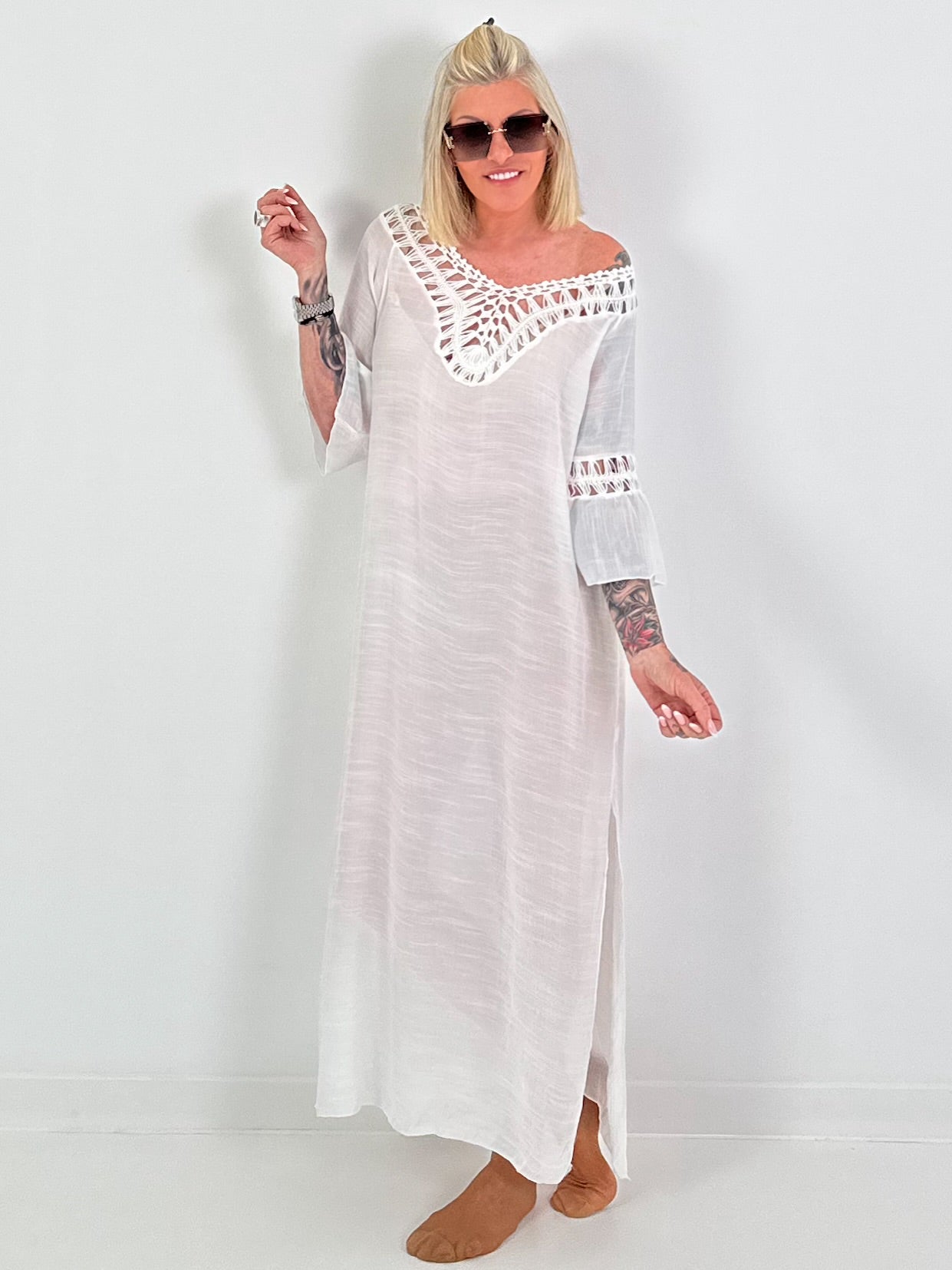 Ibiza dress with crochet inserts - white