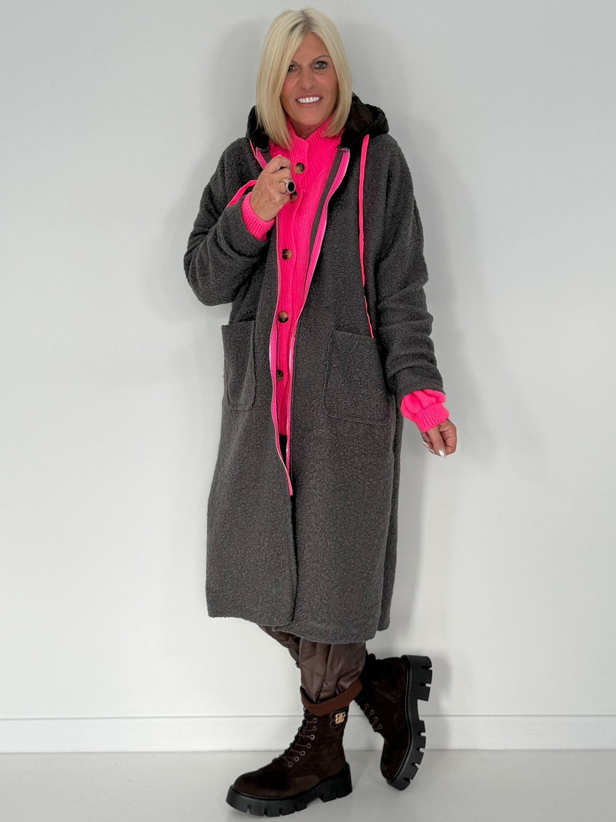 Coat in teddy curl look with neon accents - anthracite