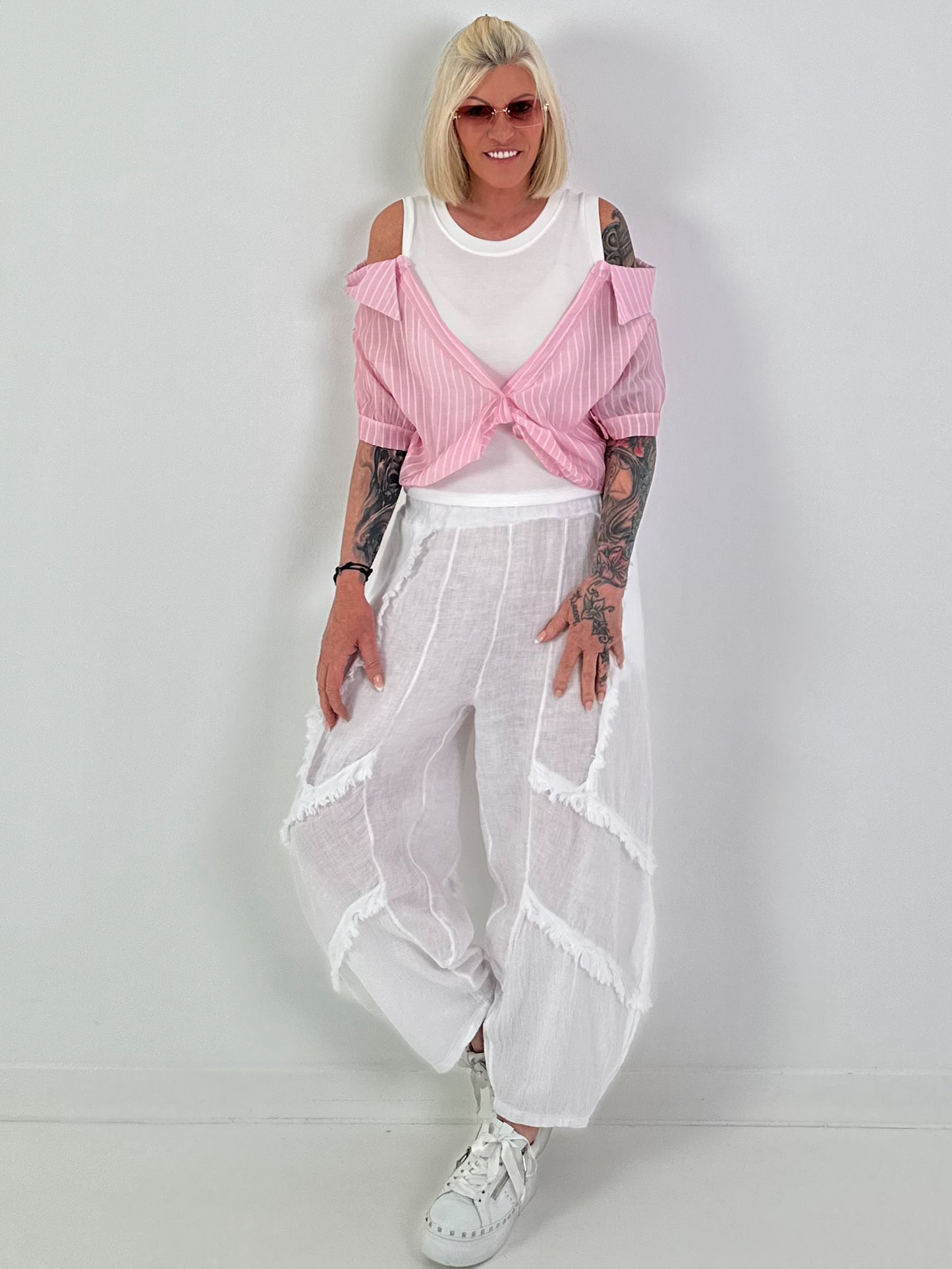 Ribbed Top with Blouse Layering - white-pink