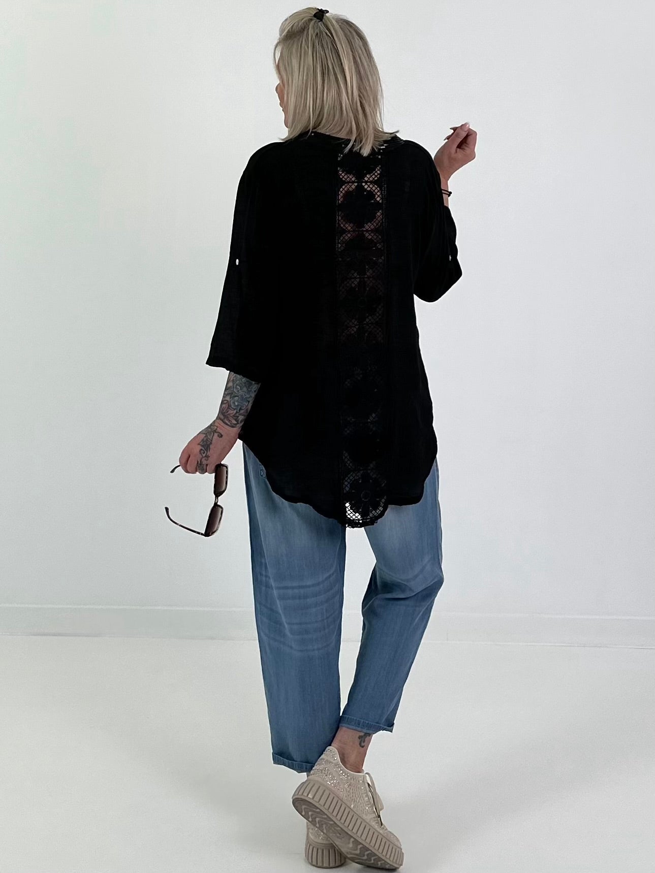Sequin and crochet detail blouse - black