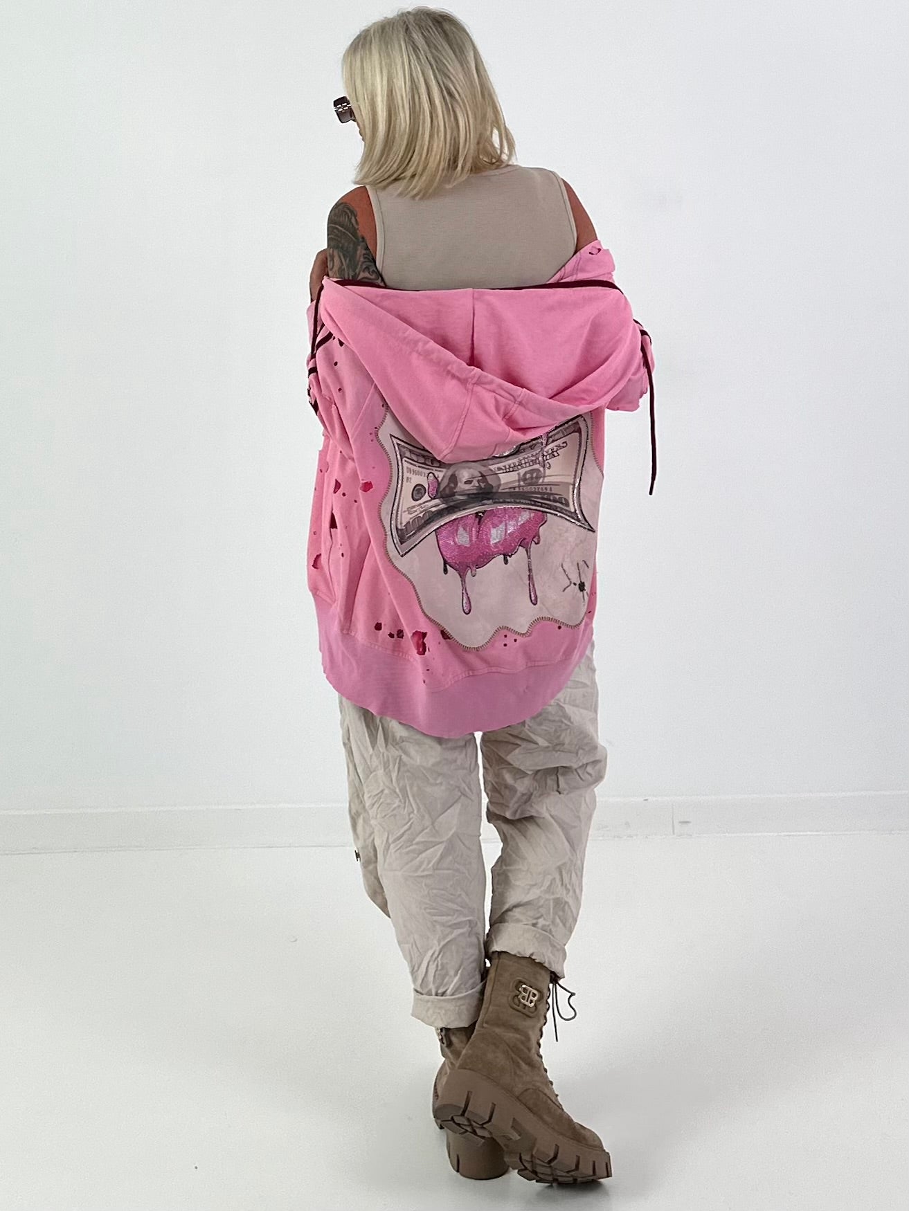 Stylische Sweatshirt Jacke mit großem Rückenpatch Dollar- rosa