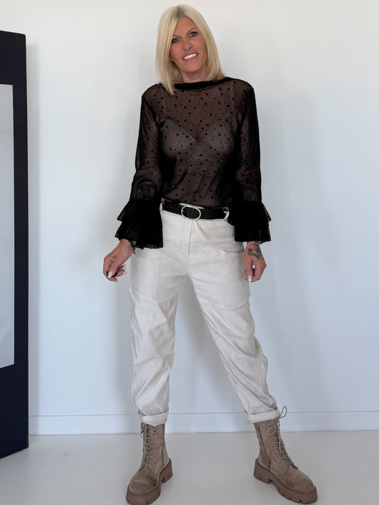 Mesh shirt with polka dots and ruffle sleeves - black