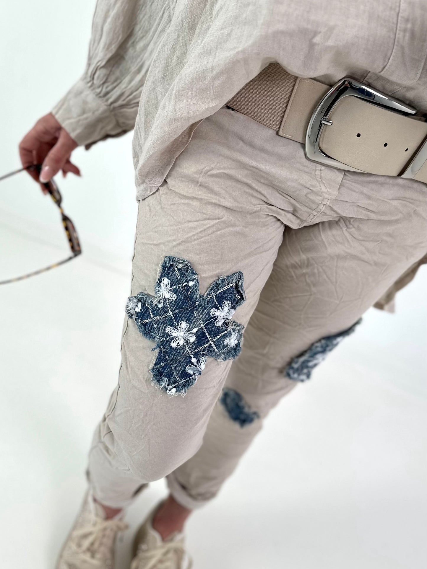 Trousers with denim and sequin details - beige