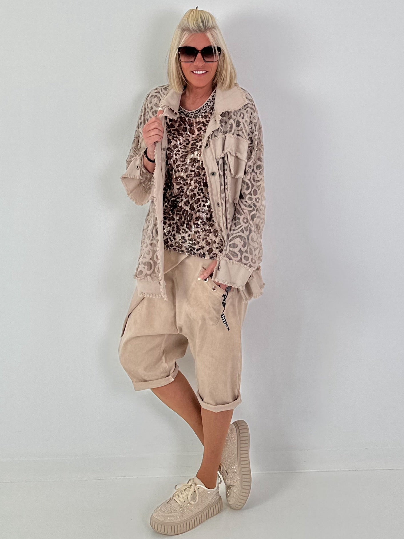 Jeansjacke mit floralem Netzeinsatz - beige ( lieferbar ab 26.05.26)