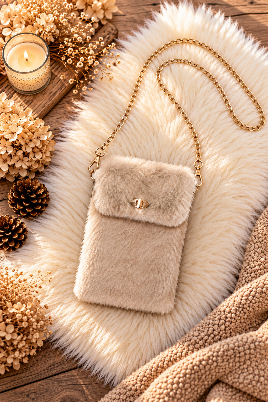 Kleine Felltasche / Phone Bag mit Twist Lock Verschluss - beige