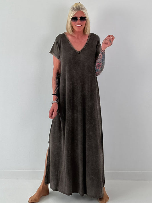Maxi Kleid mit fransigen Abschlüssen - schoko