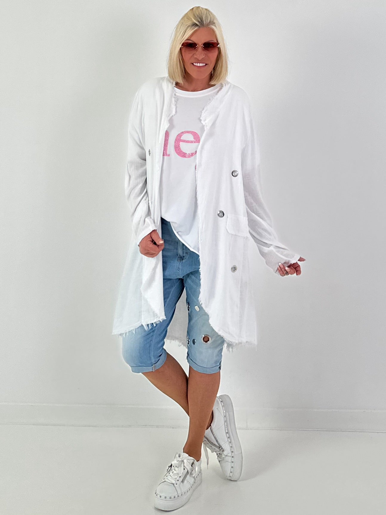 Linen Short Coat with Eyelets - white