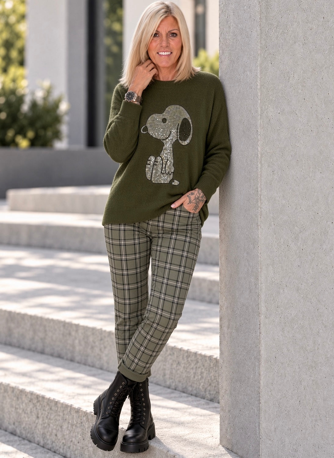 Hose im Karo-Look - oliv-mehrfarbig