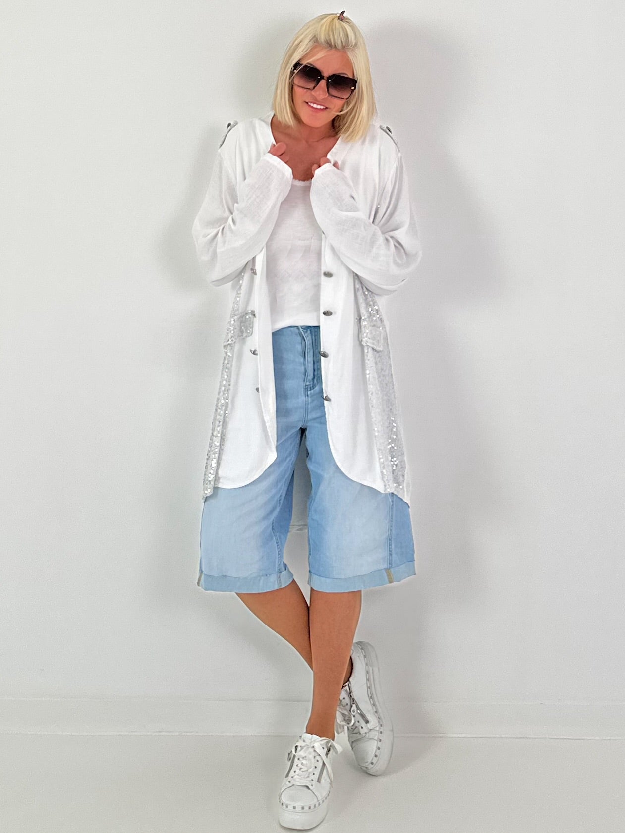 Oversized Leinen-Military Blazer - weiss