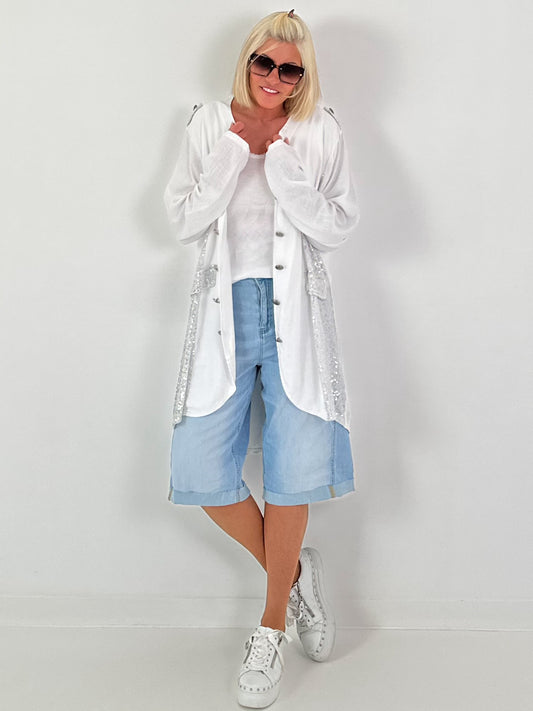 Oversized Leinen-Military Blazer - weiss