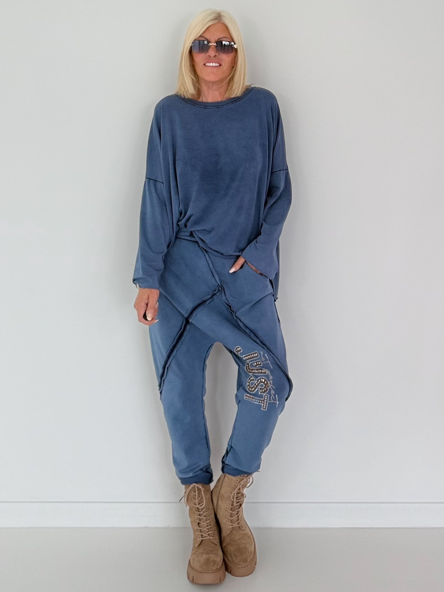 Sweat Baggy mit Strassapplikation - jeansblau