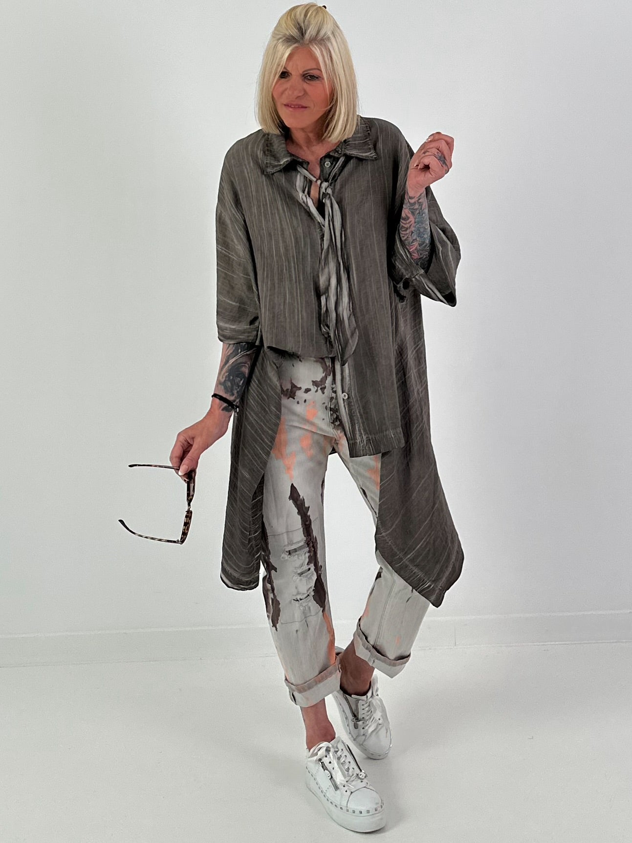Oversized asymmetric blouse with tie - chocolate
