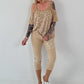 Shirt mit Cold Shoulder und Leo Strass - camel