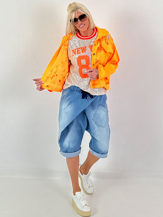 Destroyed-look denim jacket - neon orange