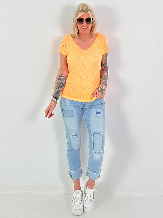 Ripp T-Shirt mit Fransen - neonorange