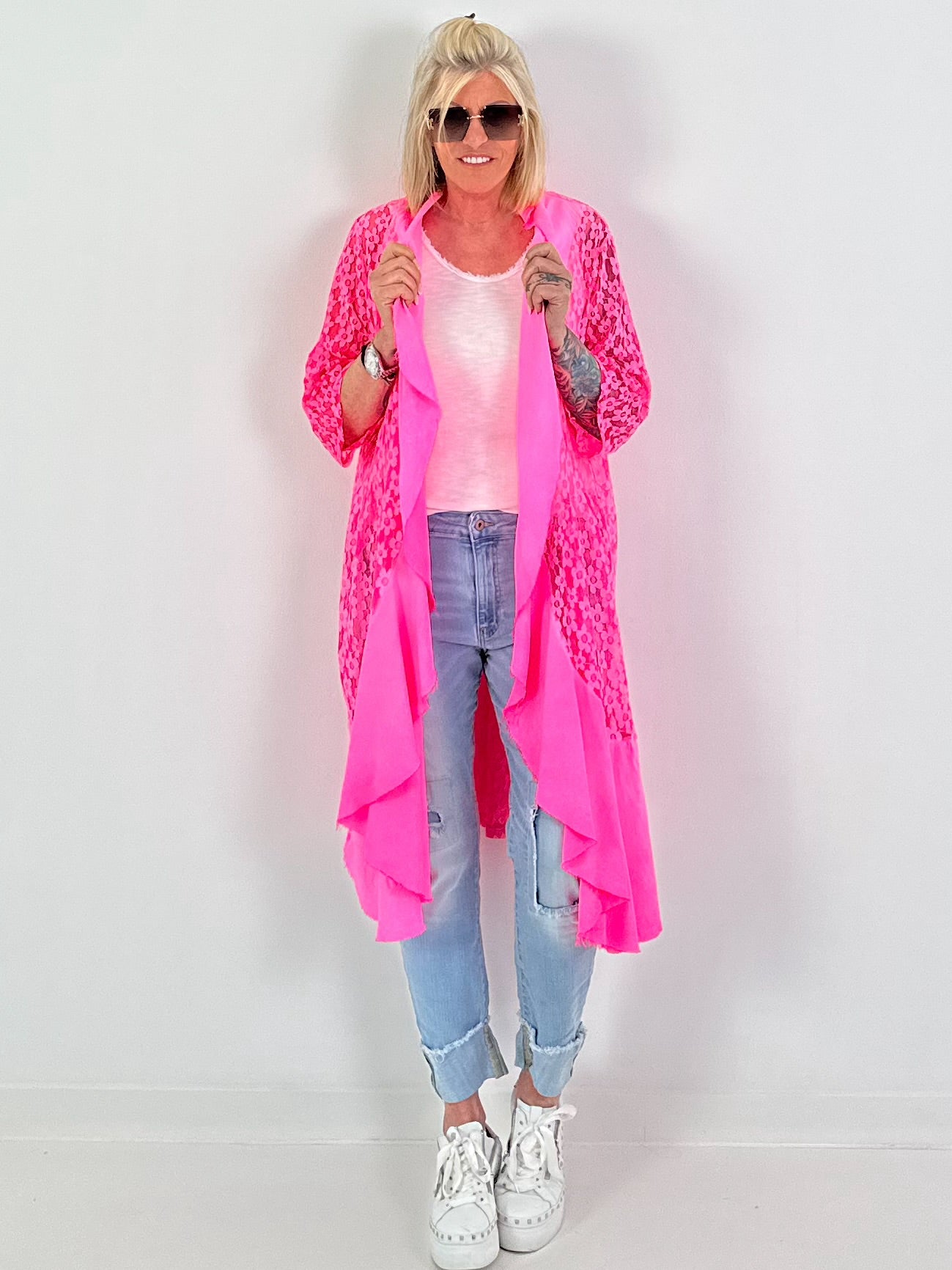 Lace coat in a material mix - neon pink