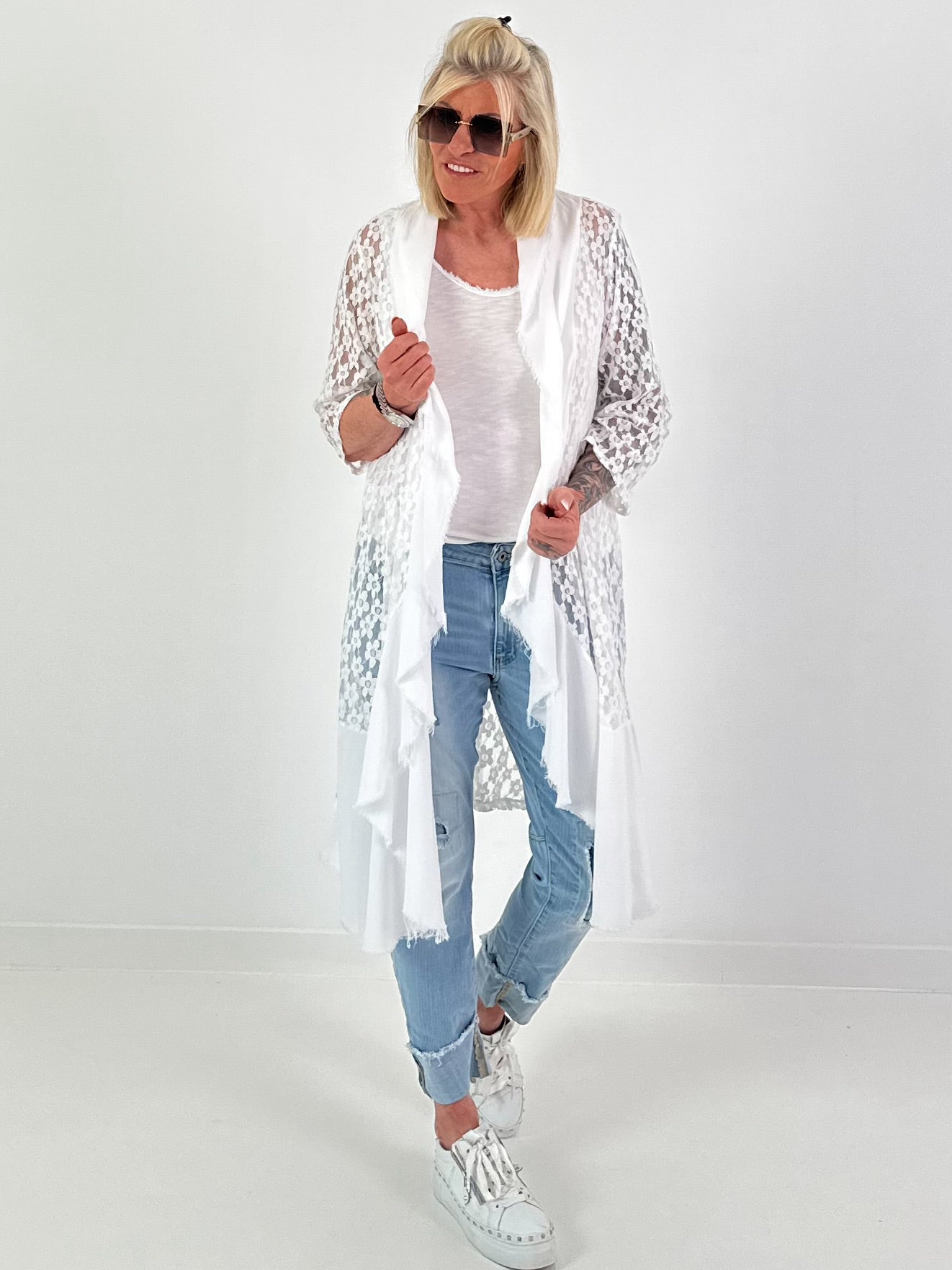 Lace coat in a material mix - white