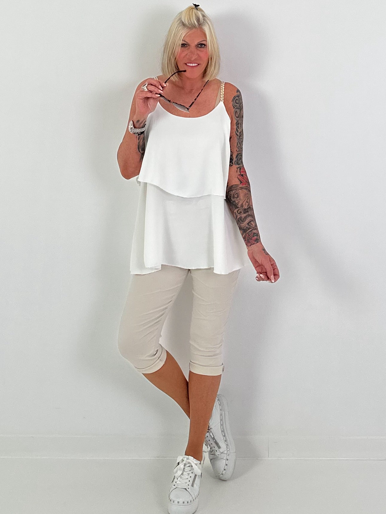 Layered Top with Braided Straps - ecru