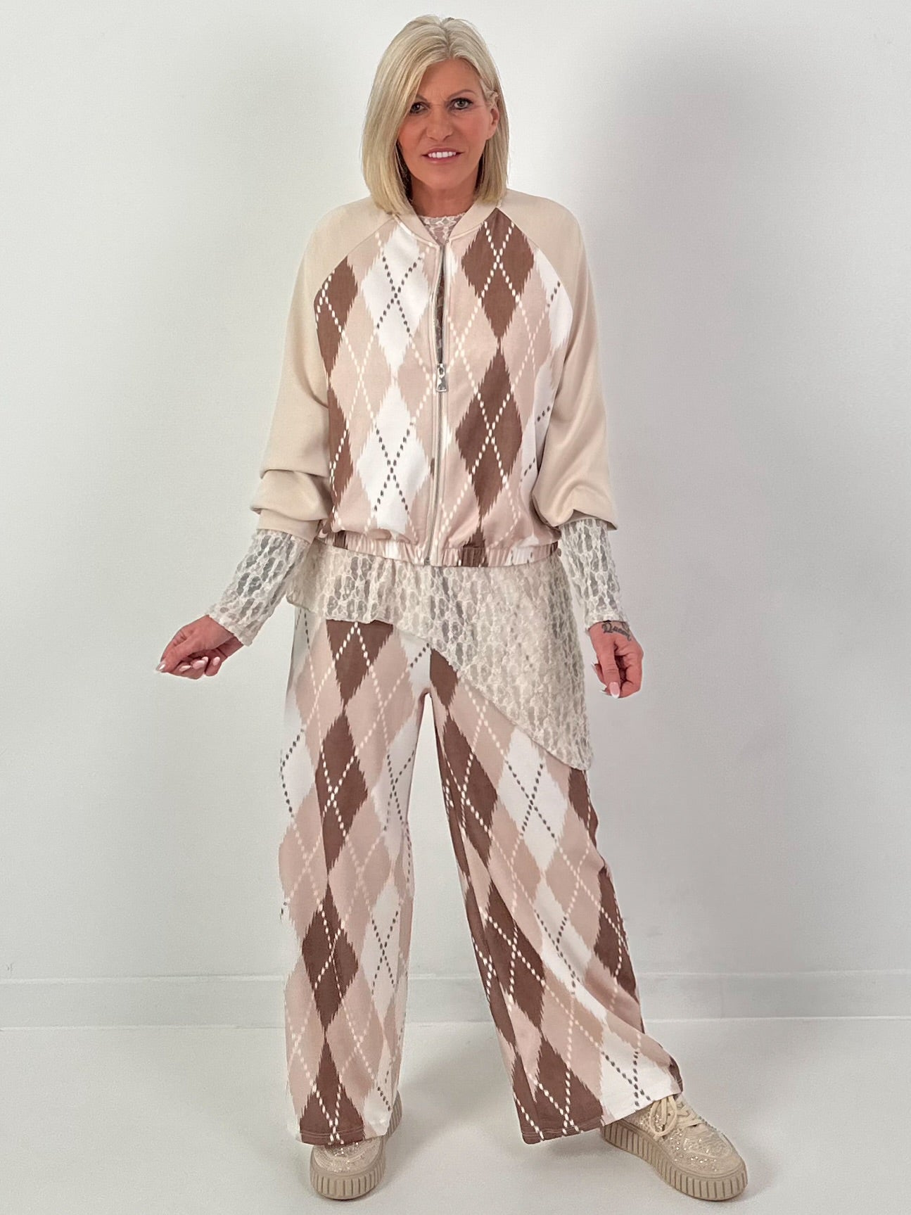 Leichte Jacke mit Rautenmuster - beige-braun-weiss