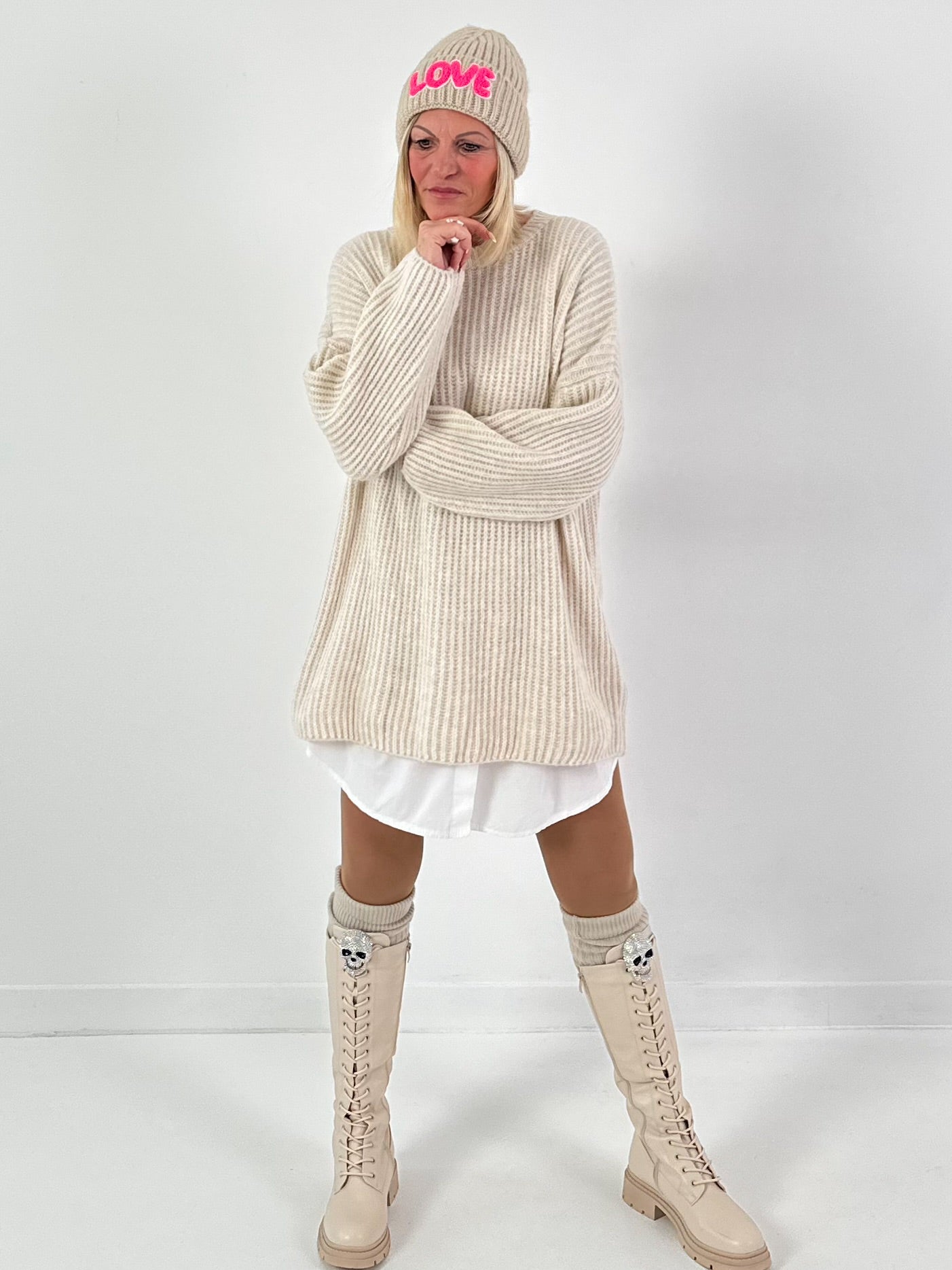 Long sweater model "Rib Relaxe" - beige