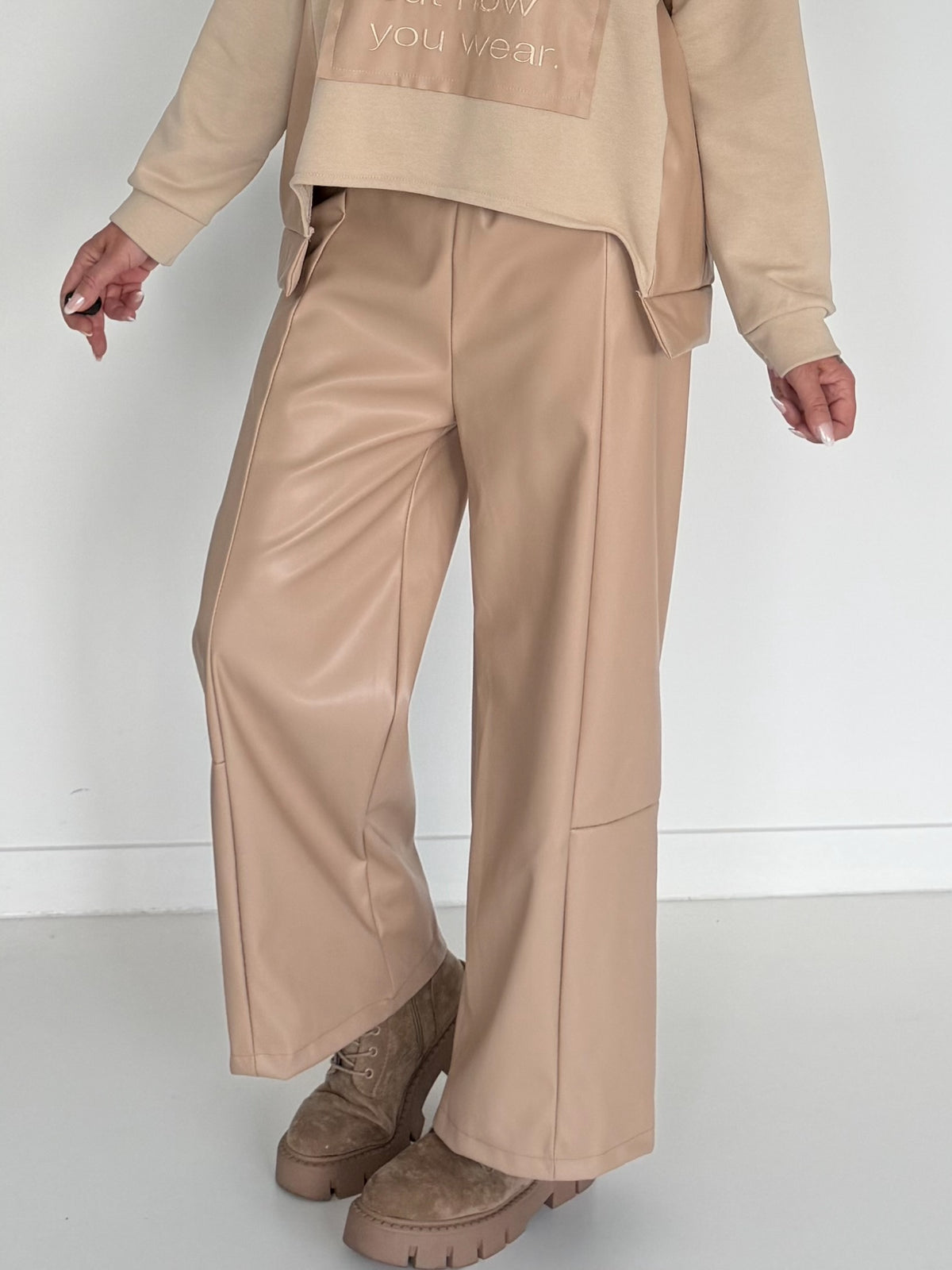Vegan Leather Wide-Leg Trousers - Beige