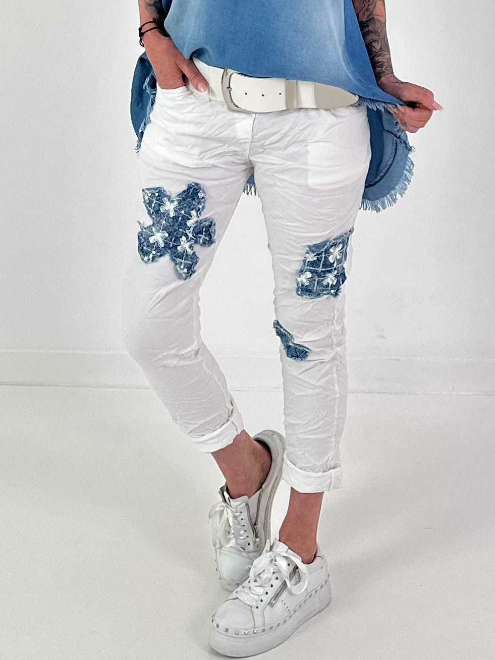 Trousers with denim and sequin details - white