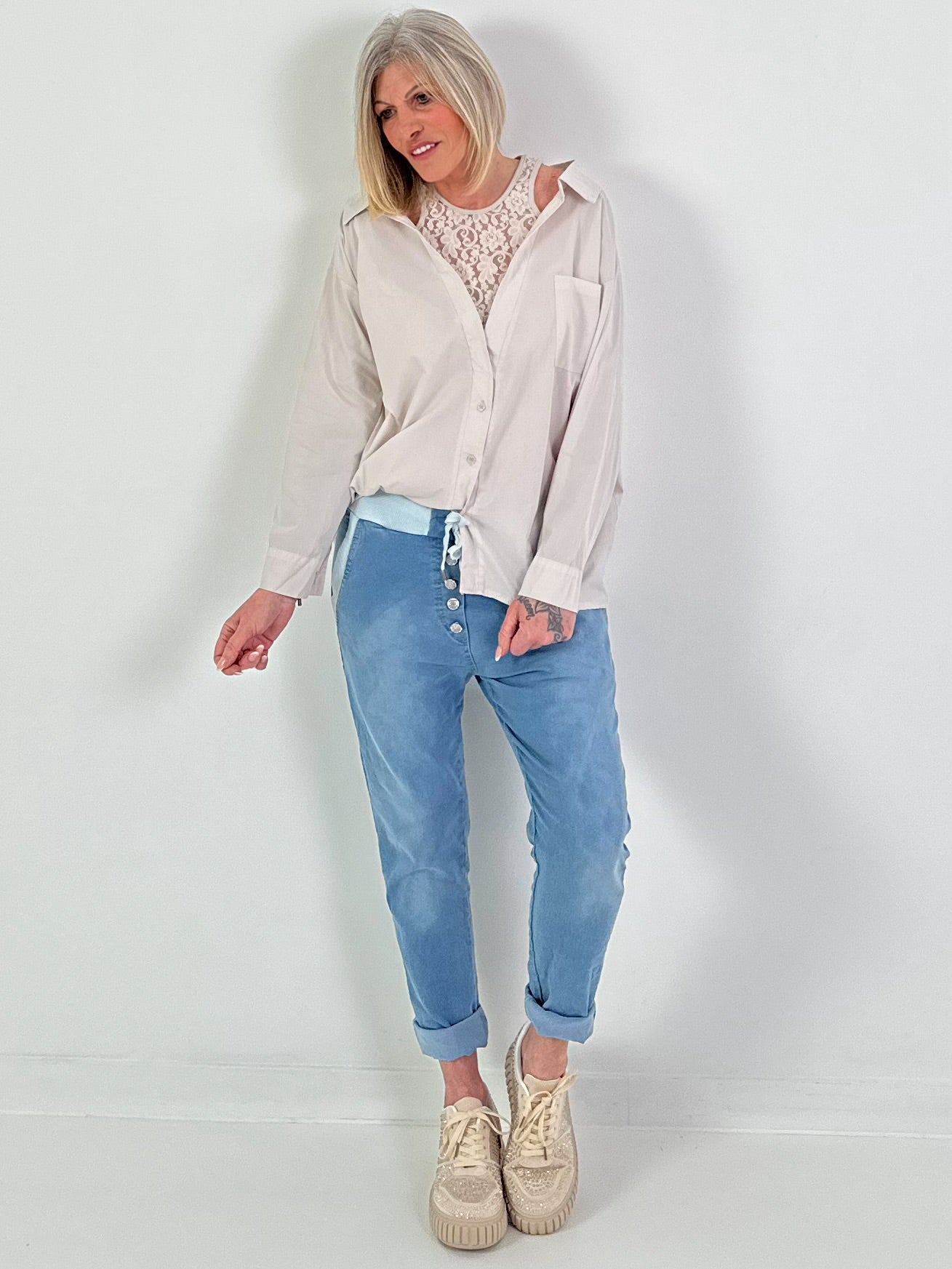 Blouse with lace top - beige