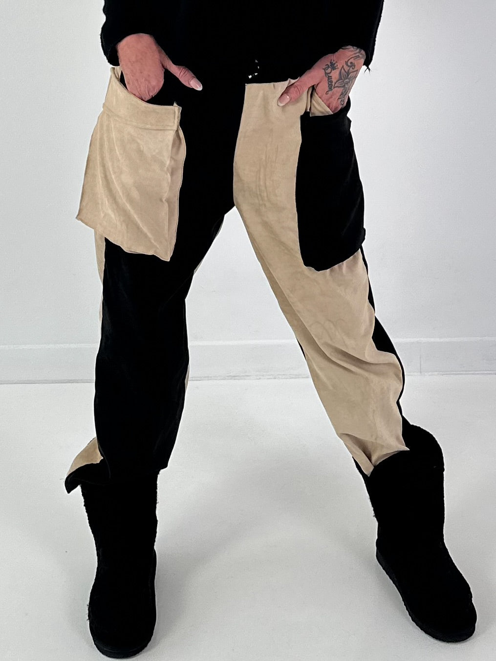 Suede-look trousers, model "Dual Harmony" - black-beige