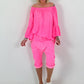 Tunic with gathered round neck and flounce sleeves - neon pink